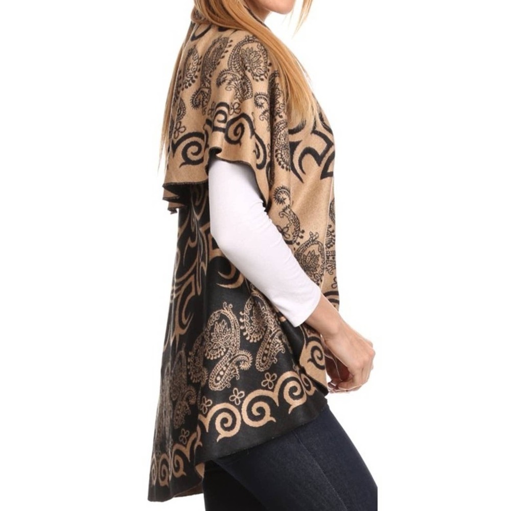 Sakkas Pashmina Vest Tan Black Boho Paisley Shawl Wrap Poncho Dark Fairy Whimsy
